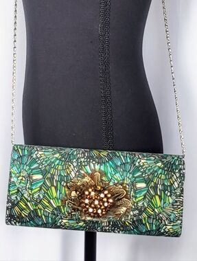 Charming Charlie Beaded Peacock Clutch Crossbody Green Statement Evening Bag